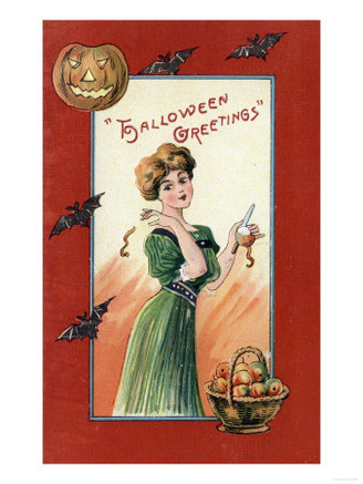 Halloween Greeting - Woman in Green Dress Peeling Apple