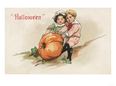 Halloween Greeting - Pulling Pumpkin up Hillside