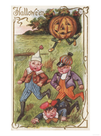 Halloween Greeting - Boys Running From Pumpkin Man in Field