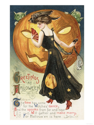 Halloween Greeting - Witch Dancing and Pumpkin