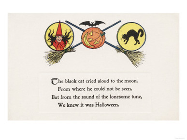 Halloween Greeting - Witch with Brooms, Cat, Moon