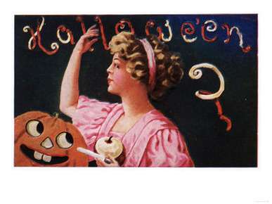 Halloween Greeting - Jack-O-Lantern by Woman Peeling Apple