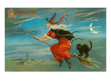 Halloween, Witch and Cat on Broom