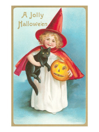 A Jolly Halloween, Little Girl Witch with Cat and Jack O'Lantern