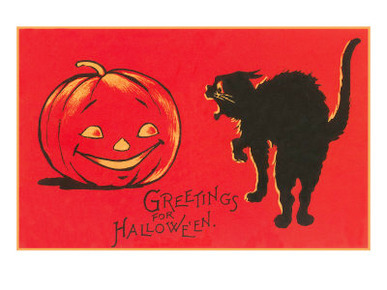 Greetings for Halloween, Black Cat and Jack O'Lantern