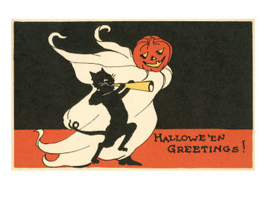 Halloween Greetings, Black Cat and Jack O'Lantern