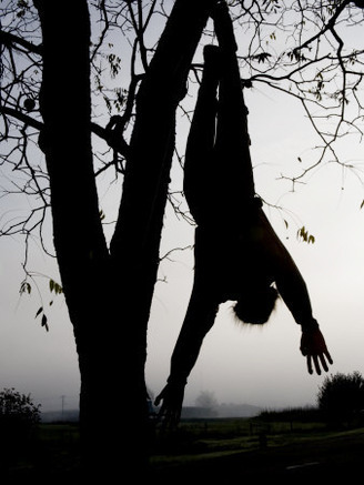 Spooky Fog Outlines a Halloween Dummy Hung from a Tree Branch