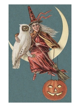 Halloween Postcard with Witch and Owl Sitting in Crescent Moon