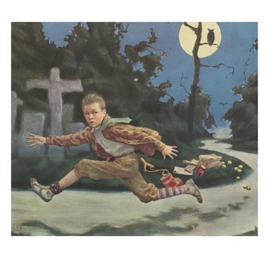 Illustration of a Frightened Boy on Halloween by Douglass Crockwell